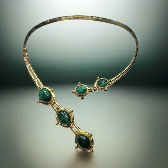 Spectacular 18k Gold Plated Artisan Genuine Malachite Stone Torque Necklace - Picture 2 of 6
